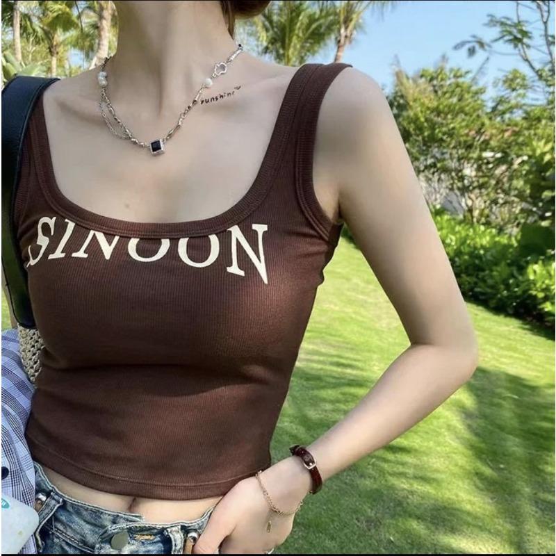 

Безрукавка с надписью и встроенным бюстгальтером, стильный дизайн с запахом One Size темно-коричневого