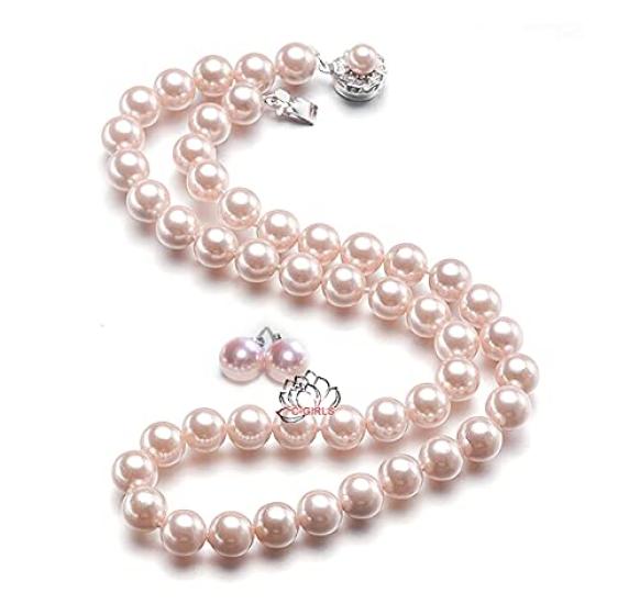 C-Girls Pearl Shop - Formal Occasion Necklace with Hanadama Pearls, Classic 8mm Pearls, 45cm Length, and Earrings Set, Pink. All items include gift