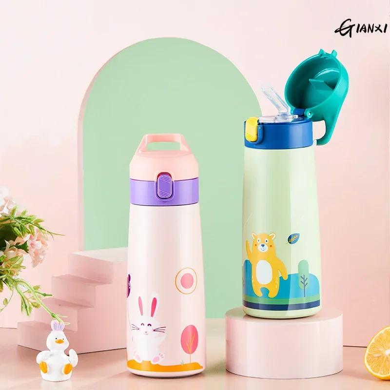 Kids Stainless Steel Straw Thermos Mug With Case Cartoon Leak-Proof Vacuum Flask Children Thermal Water Bottle Thermocup