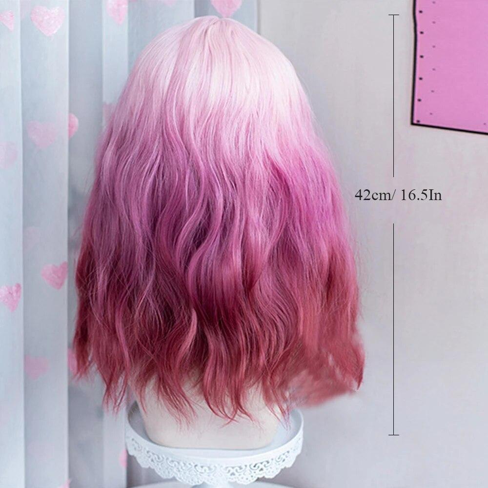 Long Ombre Wavy Curly Pink Purple Gradient Wigs with Bangs Fluffy Women Lolita Cosplay Hair Wig for Daily Party