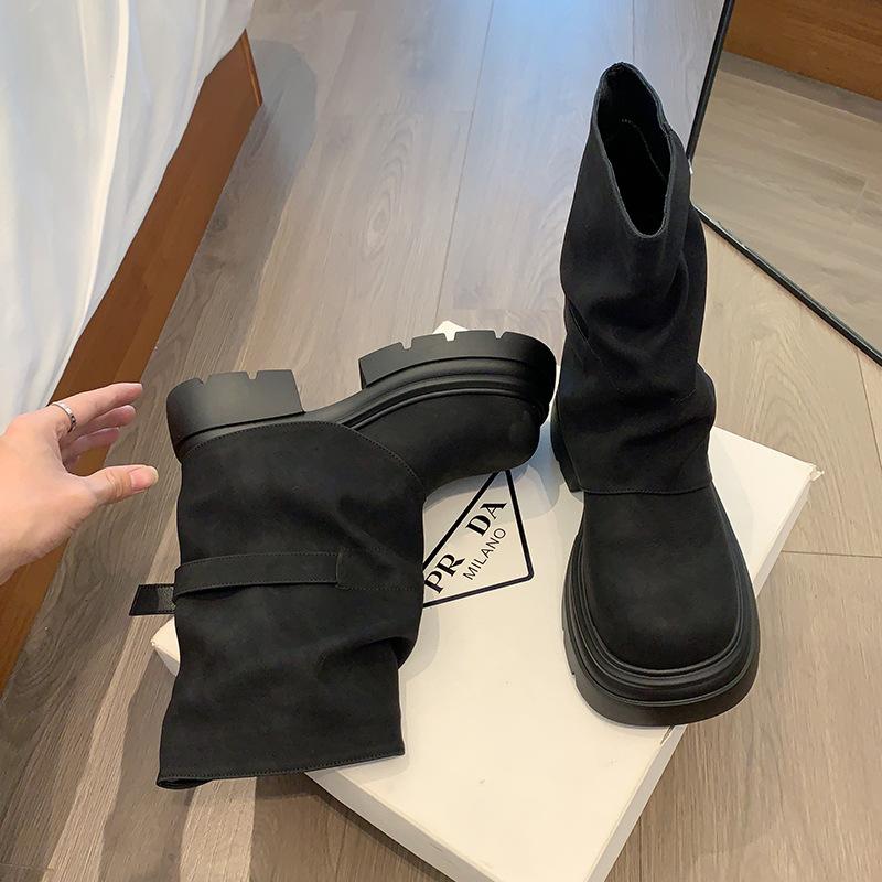 Soft Leather Version~ Trouser Boots Women's 2025 Early Autumn New Fashion Popular Foreign Style Retro Thick Heel Fried Street Locomotive Boots