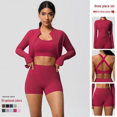 Damen 3-teiliges Cloud-Feel Yoga-Set: Enge Shorts, Stoßfeste Weste & Laufjacke