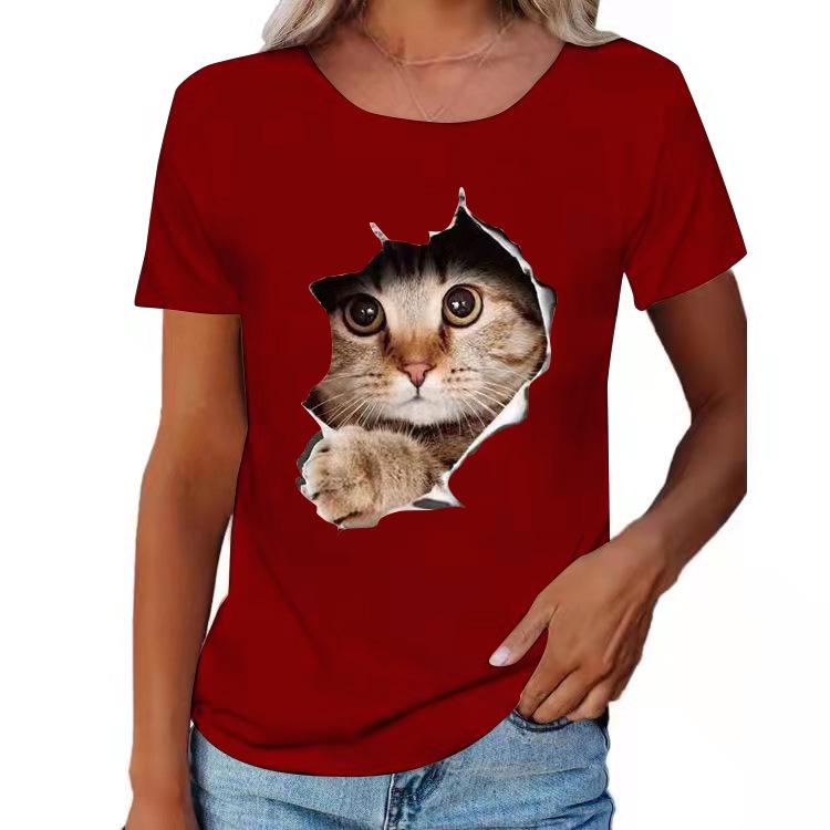 2024 Spring/Summer Women's Crew Neck Ripped Cat Graphic Loose Short Sleeve T-shirt.
