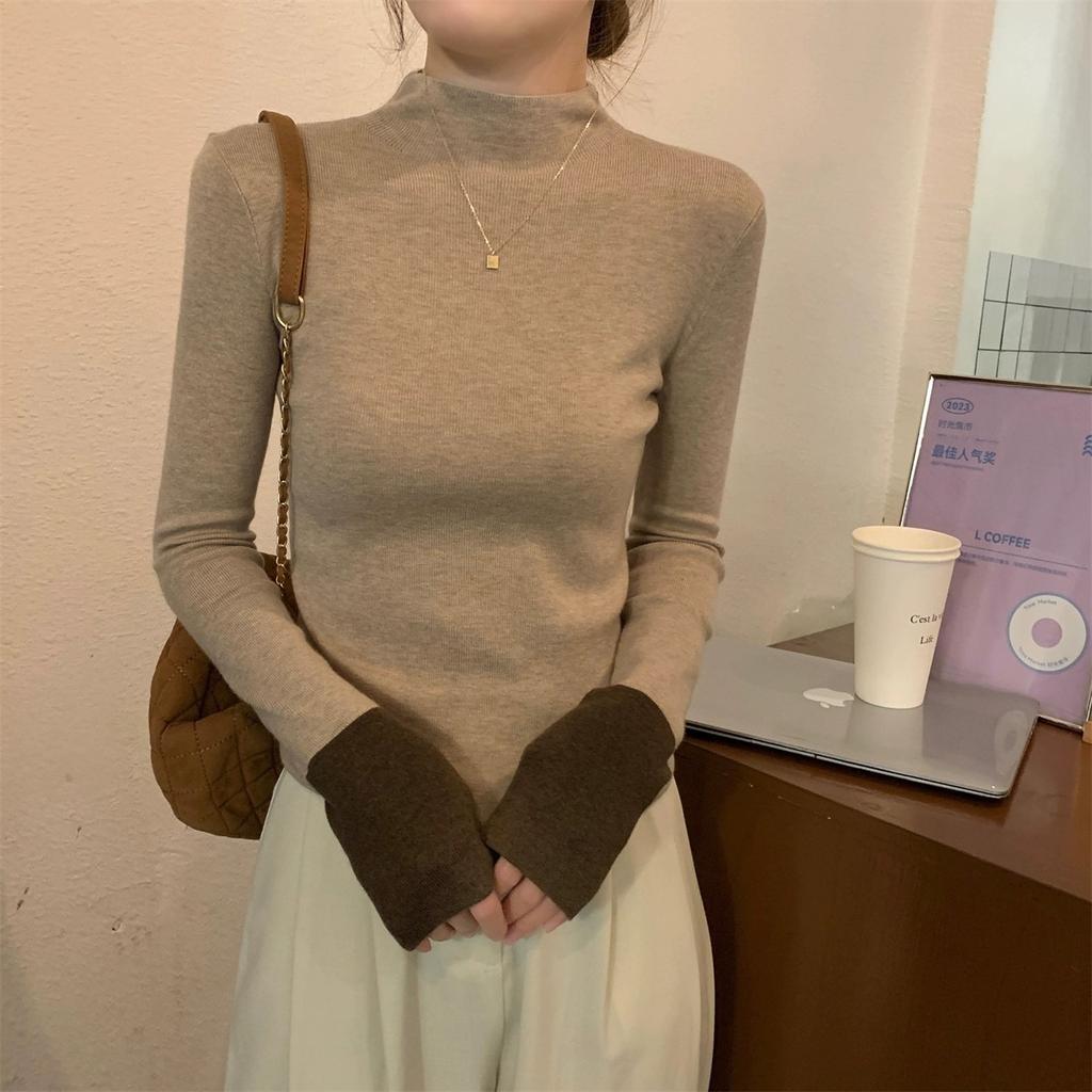 Color-blocking Half Turtleneck Knitted Sweater Feminine Slim and Trendy Pullover Autumn and Winter Sweater