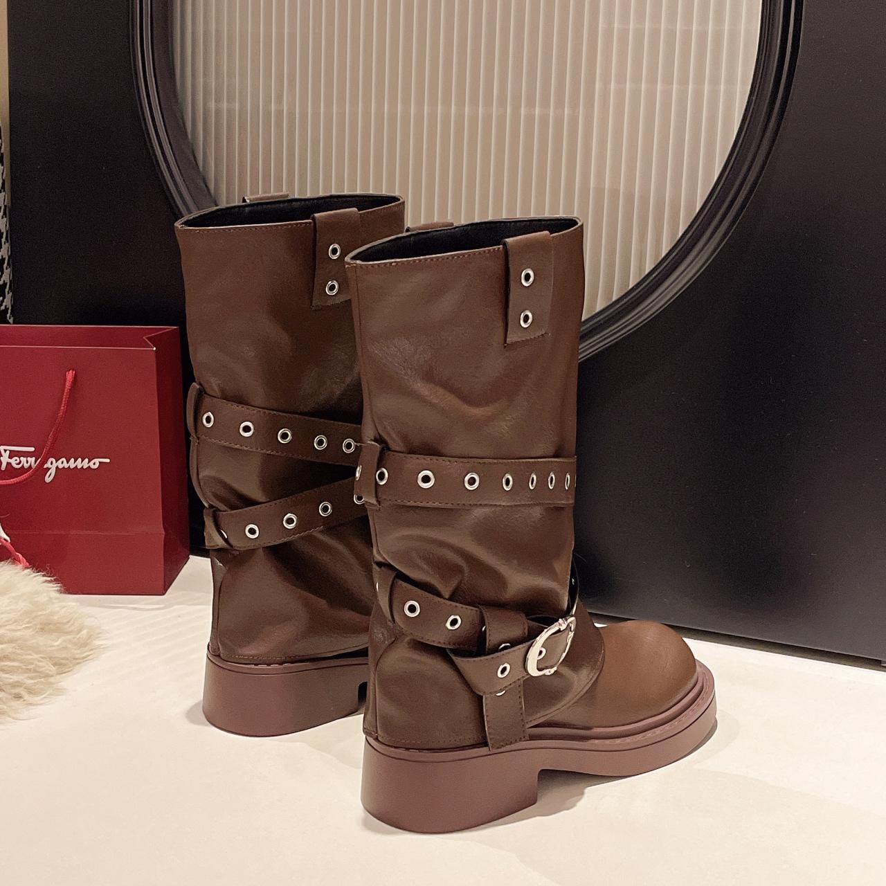 

Американские ретро-ботинки с пряжкой на ремне, женские, 2024, новые, модные, темпераментные, высокие ботинки, уличные, брючные ботинки 40