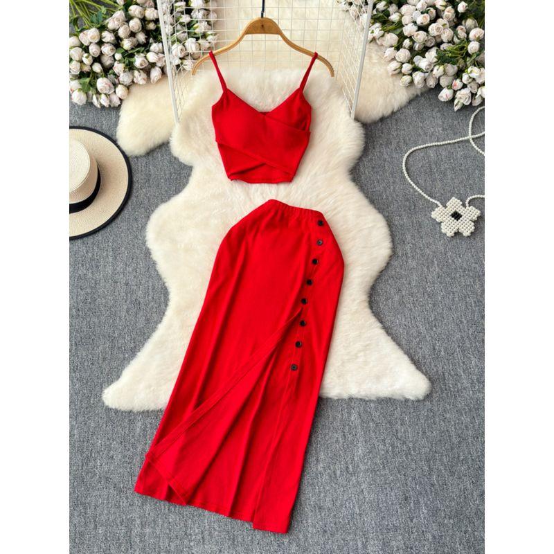 Fashion Suit Women's Summer Sexy Padded Strap Vest Two-Piece Set High Waist Slimming Slit Sheath Skirt