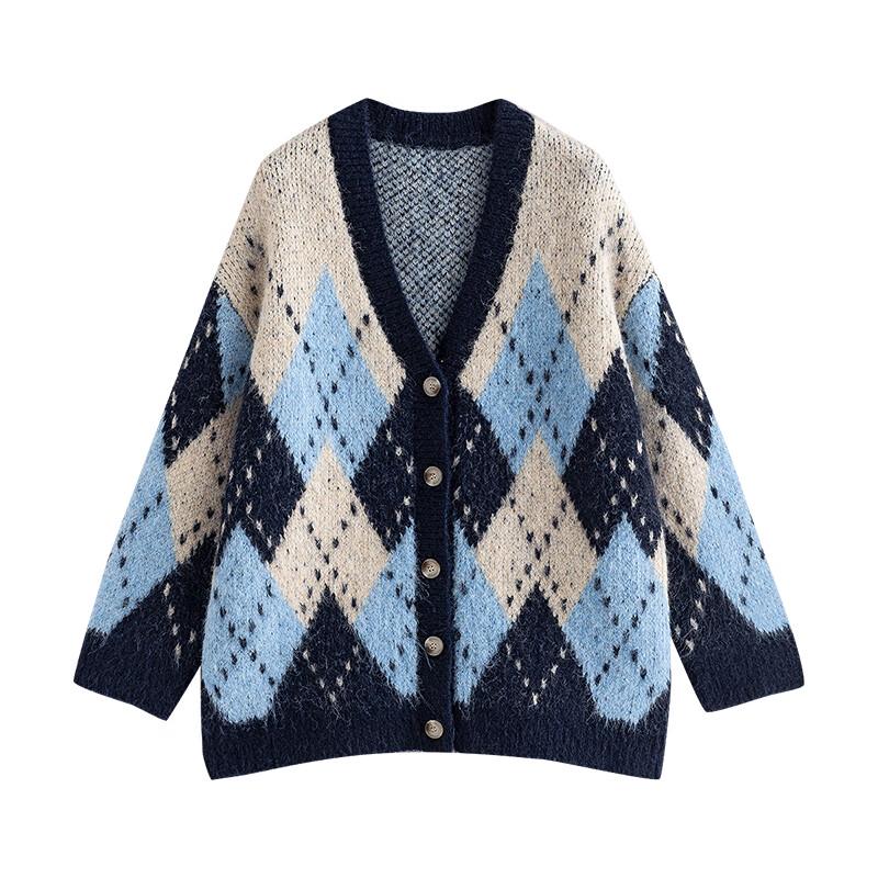 Chuyu Damen Strickjacke mit V-Ausschnitt und nordischem Farbblockmuster aus Wollmischung