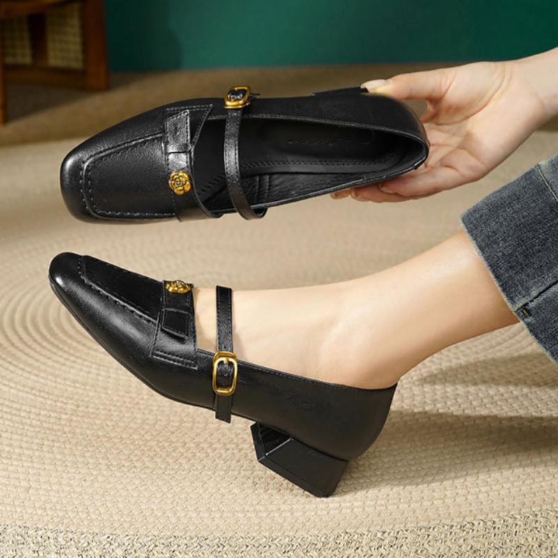 French Thick-heeled Camellia Shallow-mouth Shoes for Women, Spring Retro Mary Jane Leather Shoes