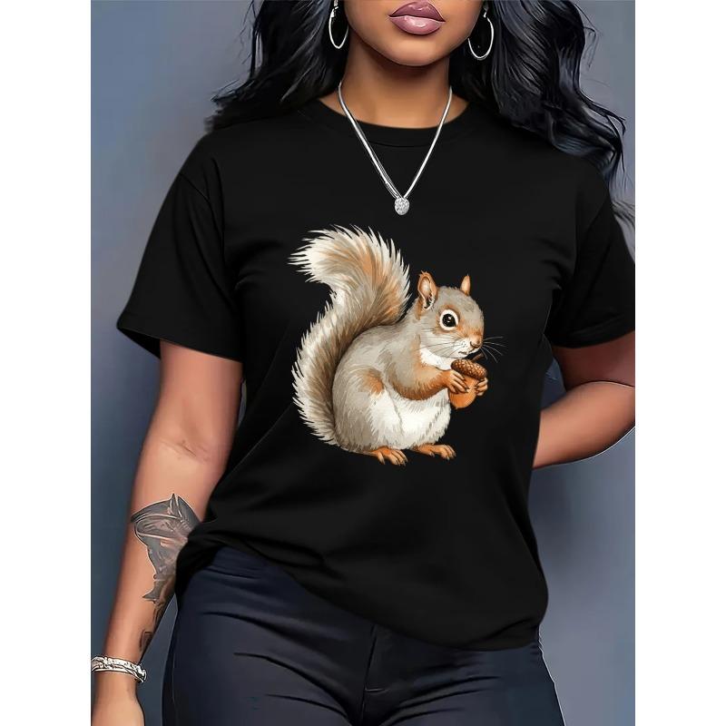 European Size Women's Oversized T-Shirt - Vintage Squirrel Graphic&Geometric Print Black/White Casual Streetwear Top,Loose Fit Round Neck Short Sleeve