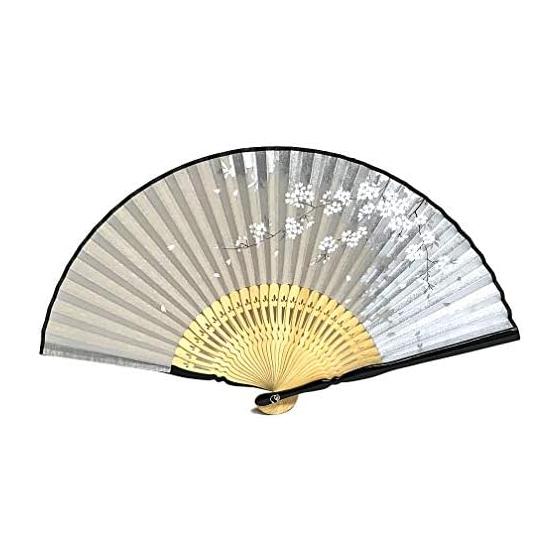 Kanzashi Folding Fan for Women - Set with Fan Bag, Silver Foil, Pearl Finish, Cherry Blossom Pattern, Japanese Traditional Design, White Base, Luxury
