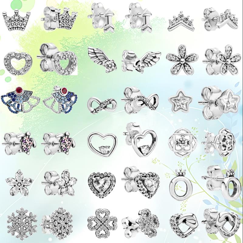 100% 925 Sterling kobber Øredobb Fjær Blomster Hjerte Pavé Uendelig Glans Øredobber Passer Originale Merkeanheng Zirkon Kvinner Gave