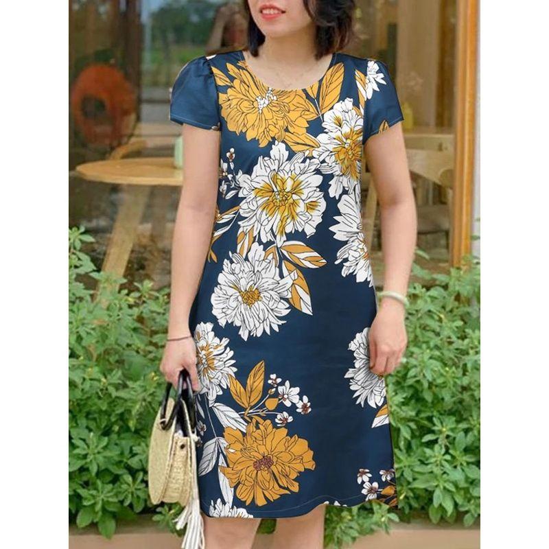 Women's Round Neck Neck Flower and Grass Print Dress