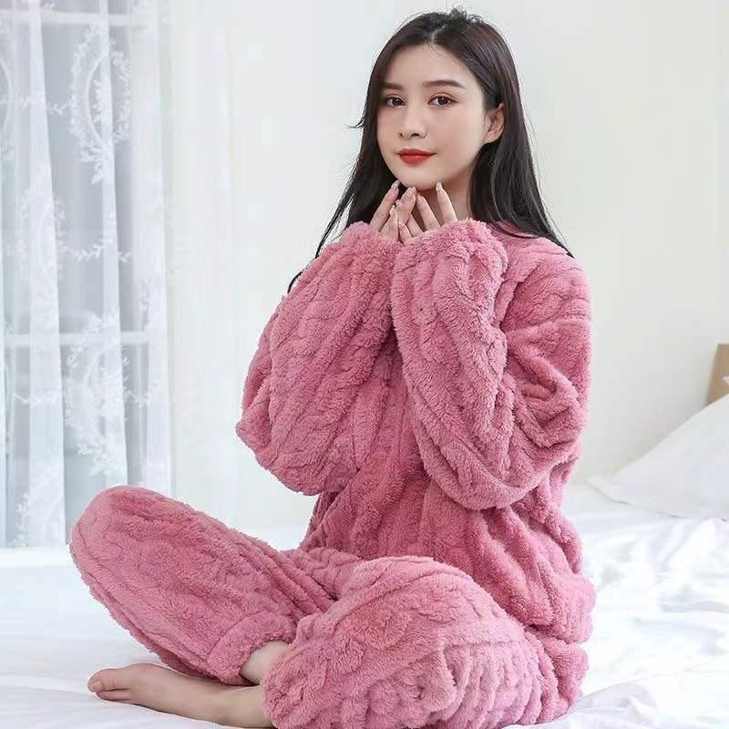 Thickened Jacquard Shu Cotton Fleece Pajama Set for Couples - Women's Solid Color Winter Homewear
