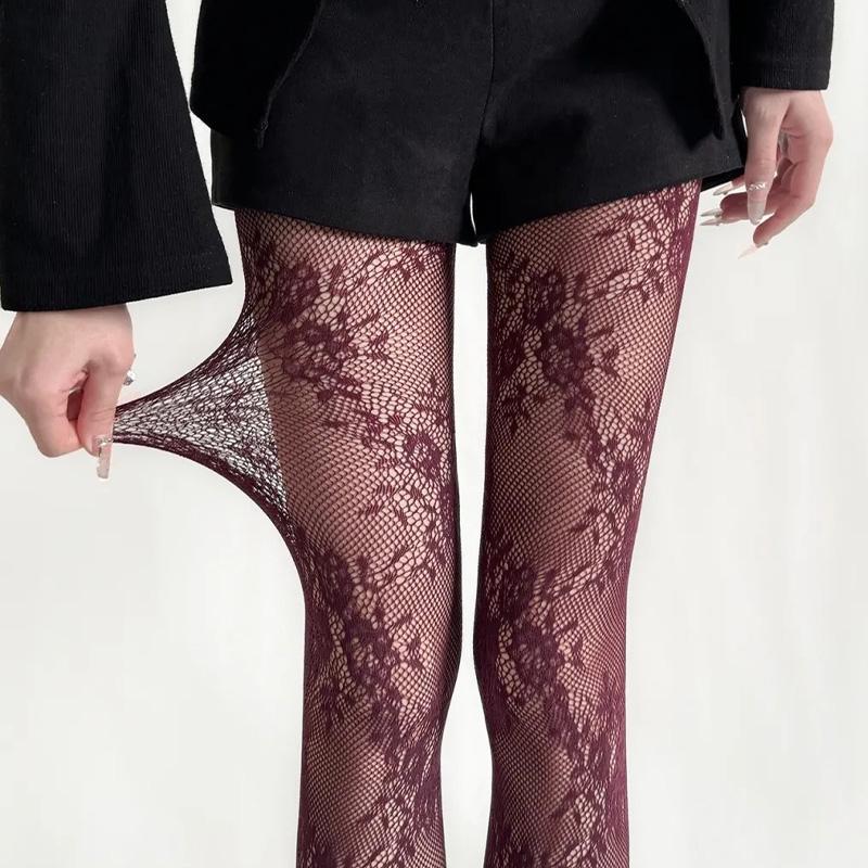 Korean INS Hollowed Lace Mesh Stockings Women Pantyhose Hot Tights Japanese Lolita Retro Floral Rattan Black White Long Socks