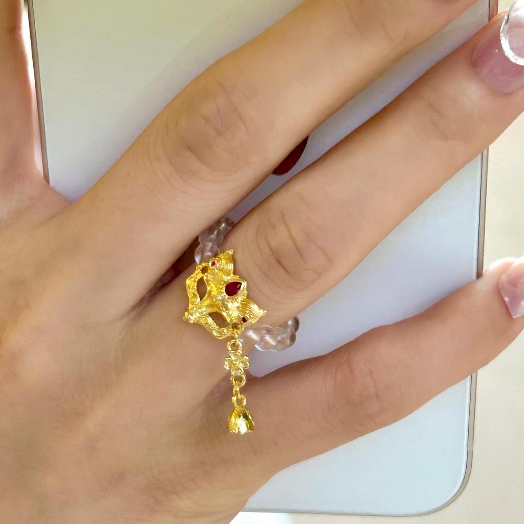 Elegant Sand Gold Fox Mask Ring with 4mm White Crystal and Tassel