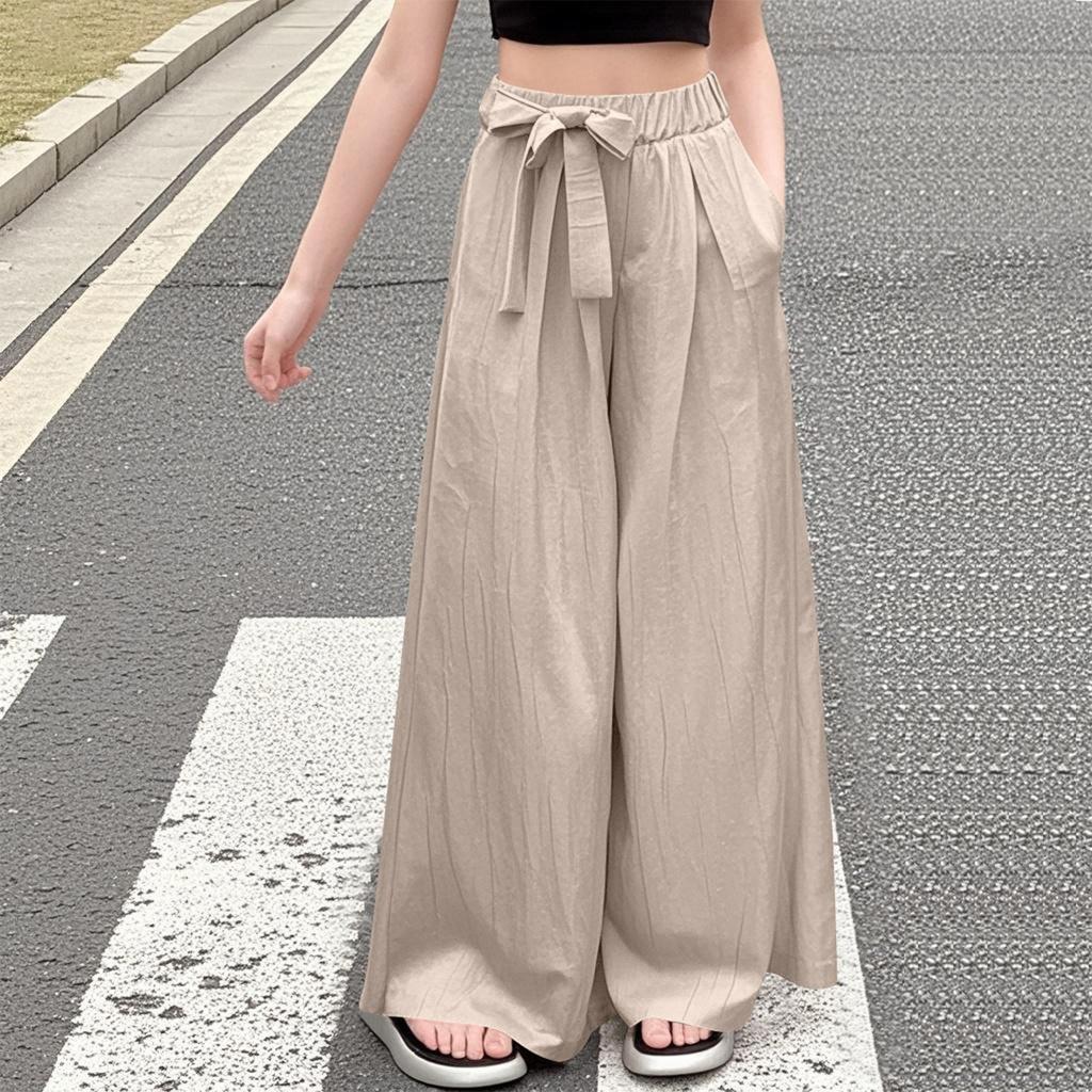 Summer Solid-color Ice Silk Wide-leg Pants, Casual Straight-leg Pants For Middle-aged Children