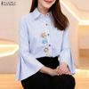 Women Casual Turn Down Collar 3/4 Sleeve Stripe Blouse