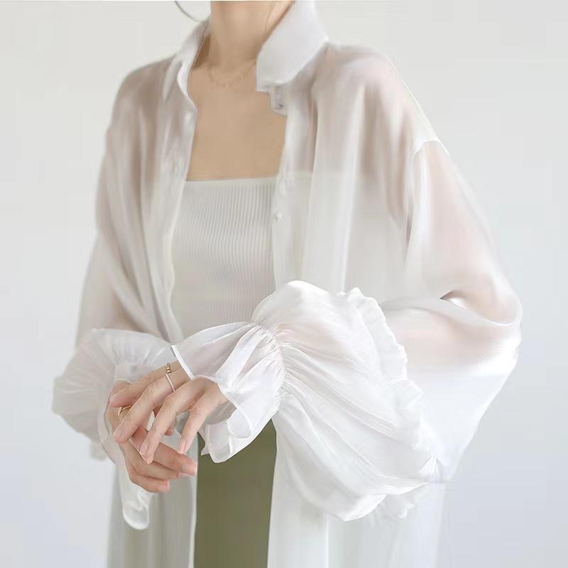 

Мечтательная перламутровая рубашка с защитой от солнца: Женский прозрачный топ с рукавами-пузырями на лето 2024 Extra Large белый