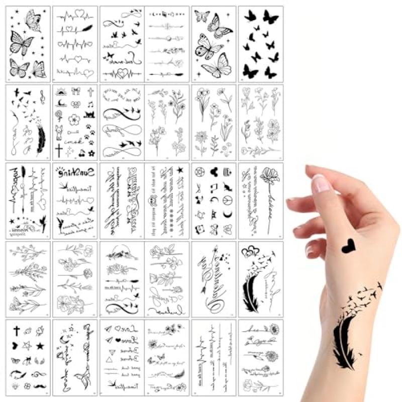 90 Blatt 450+ Stück Temporäre Tattoos Wasserdicht 3D Fake Tattoo Aufkleber für Erwachsene Kinder, Enthält Schmetterlinge Blumen Liebe Designs