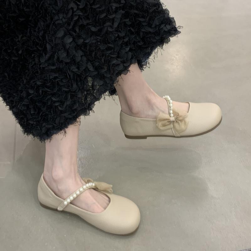 Fashion Spring Single Shoes Women Outside Wear Autumn New Round Toe Beaded with Skirt Lace Bow Slip-on Soft Sole Flats