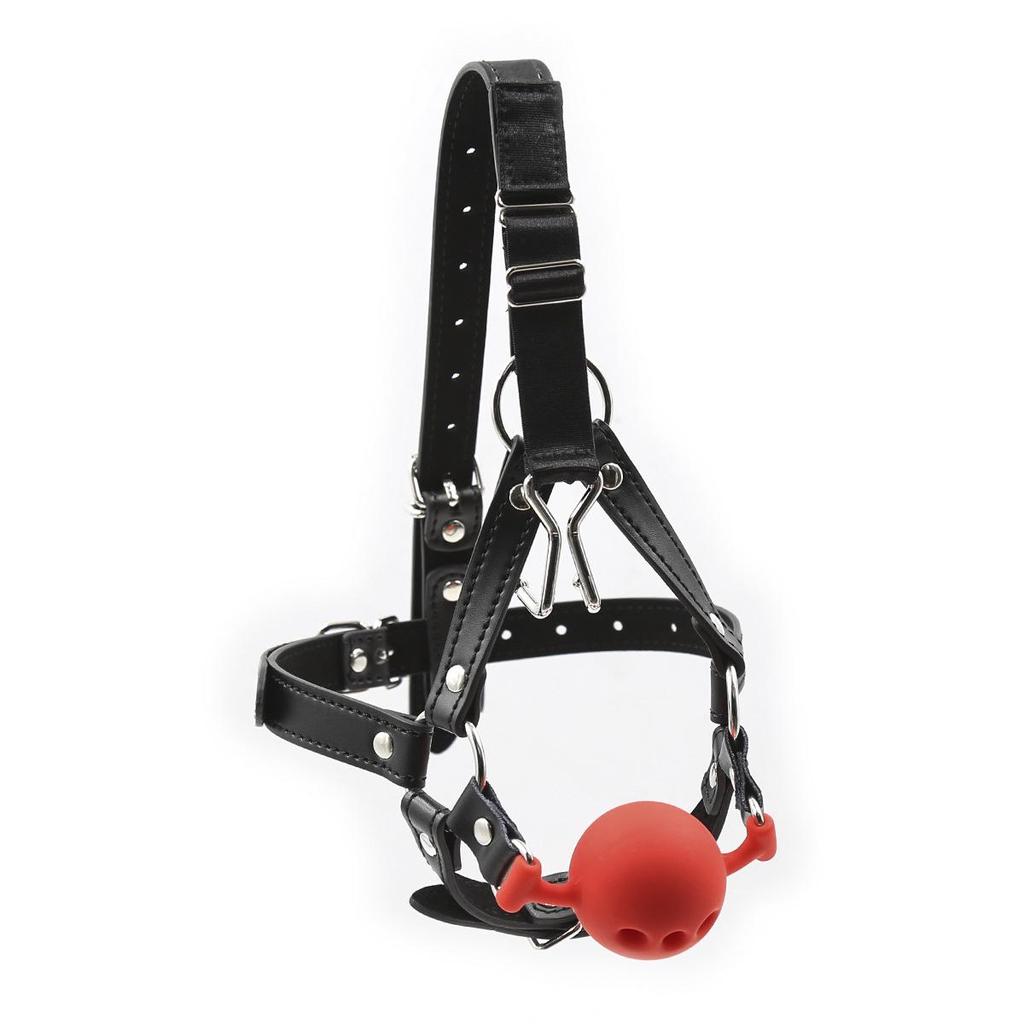 Silicone Three-Hole Ball Gag with Nose Hook Harness