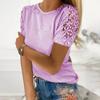 Crew Neck Solid Color Loose Fit Women T-shirt Hollow Lace Patchwork