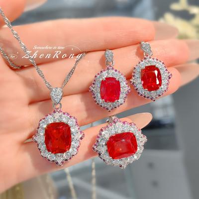 New Exquisite Lab Ruby Pendant Necklace Ring Earrings For Women Luxury Full Cz Wedding Accessories Party Jewelry Sets