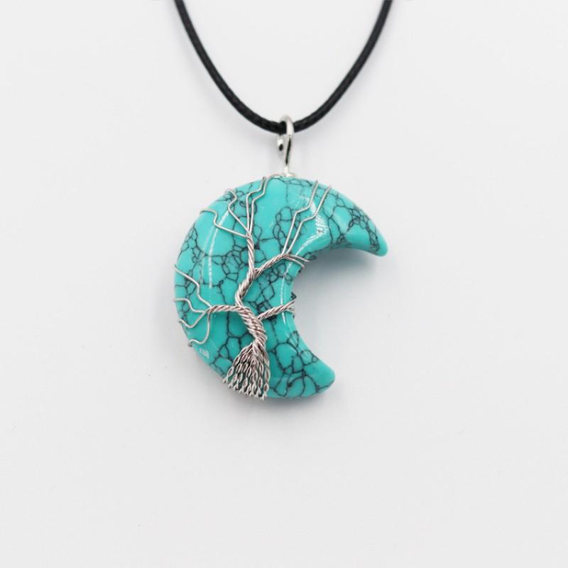 Handcrafted Geometric Moon Pendant Necklace With Natural Stone Wire-Wrapped Tree Design Women