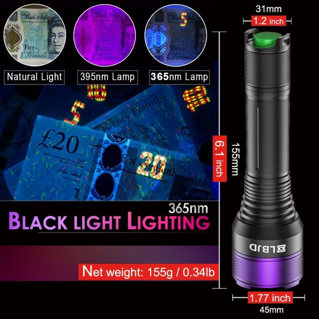 365NM UV Blacklight Flashlight, Professional 4-Core High-Intensity Filtered LED, High Capacity of Battery, Ultra-Long Range Beam