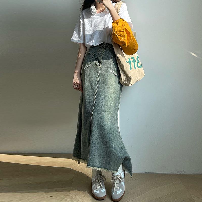 Halblanger Retro-Jeansrock in A-Linie mit Fischschwanz und Raw-Edge-Design für Damen