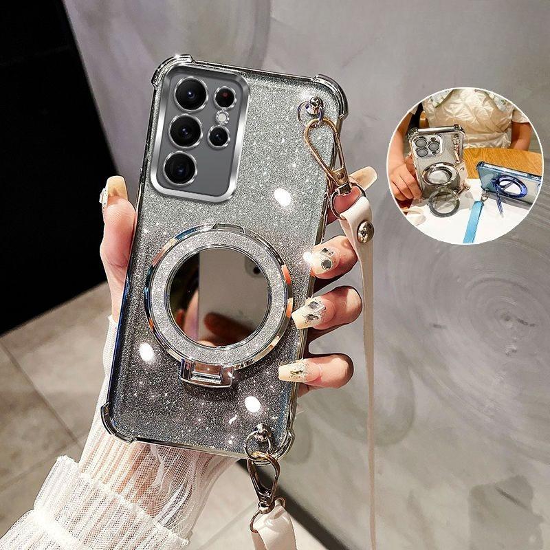 

Блестящий противоударный чехол с гальваническим покрытием и ремешком через плечо для Samsung Galaxy S25 S24 S23 S22 S21 S20 Ultra FE Plus с зеркальным держателем S20 FE серебряный