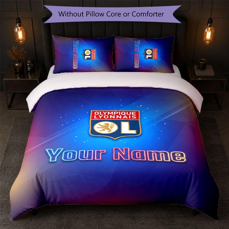 Lyon FC Custom Name Text Bedding Set 1 Duvet Cover+2 Pillowcases Soccer Logo Personalized Gift For Special Occasion Bedroom Decor