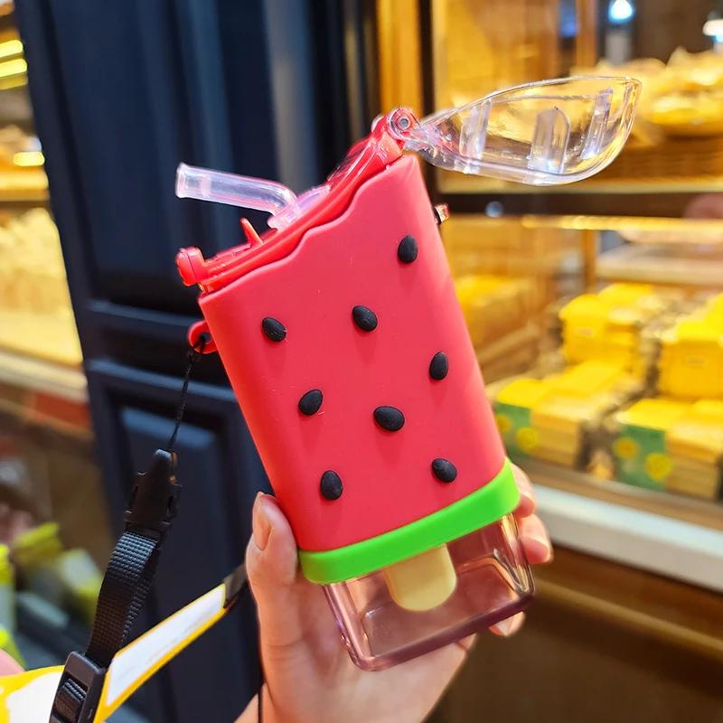 Hot Summer Cute Donut Ice Cream Water Bottle with Straw Creative Square Watermelon Cup Portable Leakproof Tritan Bottle BPA Free