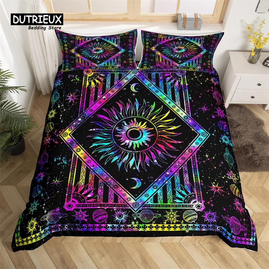 Comforter Sun And Moon King Queen Starry Sky Galaxy Trippy Bedding Set For Kids Adults Microfiber Boho Geometric