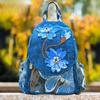 Böhmischer blauer Blumenrucksack für Damen, mehrere Fächer, vielseitige Brusttasche mit geflochtenen Griffen, Polyester-Reißverschluss, ideal für Urlaubsreisen