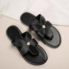 Women'S Elegant Black Floral Sandals - Comfortable Flat, Slip-On, All-Season Footwear with Golden Accents, Perfect for Beach, Pool, and Outdoor