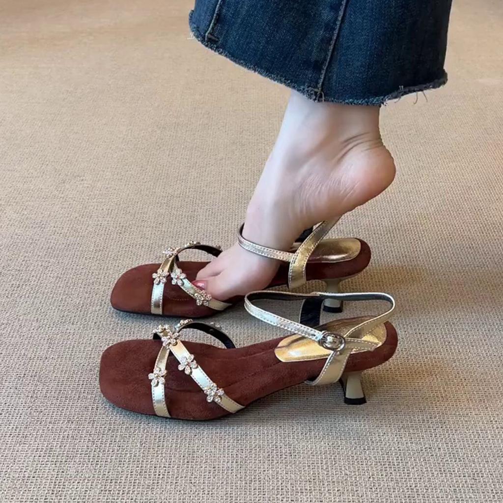 Sheepskin version~ temperament French retro square head rhinestone flower word with open toe sandals versatile temperament high heels