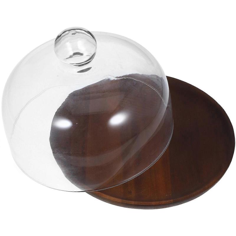 Elegant Design Wood Cake Plate With Dome For Home Users 20.30X20.30X15.50CM Food Protection 1Set