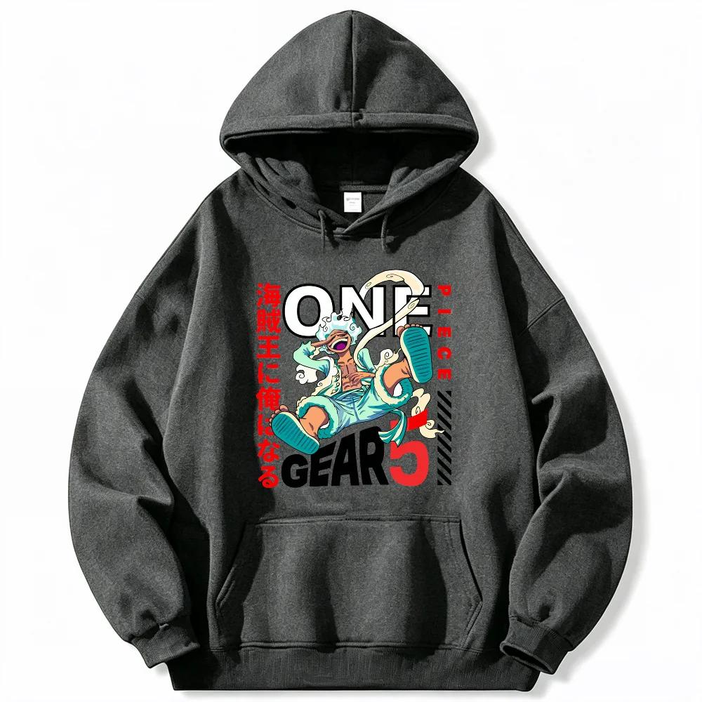 Anime One Piece Gear 5 Luffy Print Hoodie, Loose Fit Pullover Sweatshirt, Trendy Hooded Top for Daily Wear & Manga Enthusiasts