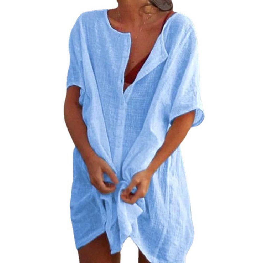 Women Plus Size Solid Loose Casual Mid-Length Short Sleeve Shirt Cardigan