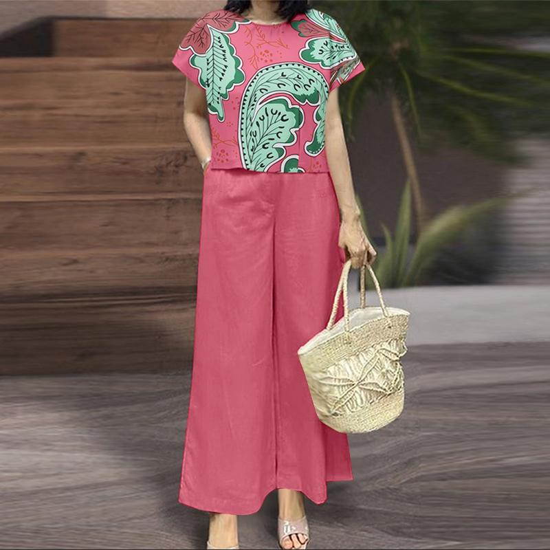 ZANZEA Damen Kurzarm Print T-Shirt und Hose Sommer Zweiteiler Anzugsets