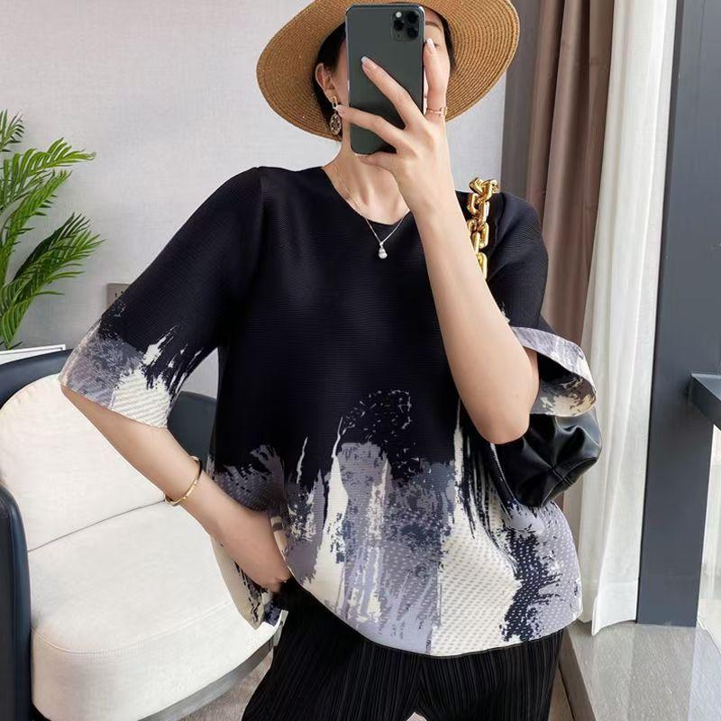 Wrinkled Spring Clothes Printed Mother Loose Sweater Mid-sleeve Summer Bottoming Shirt