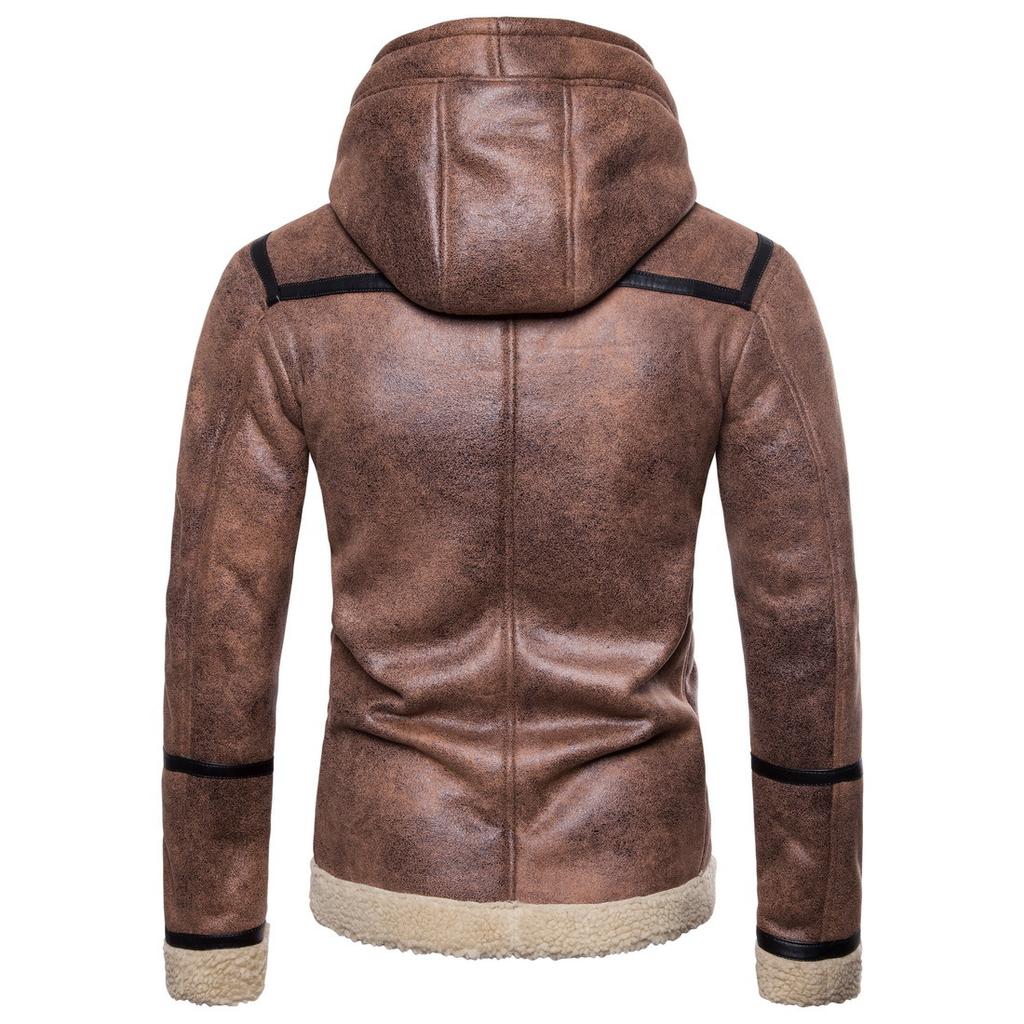Cross Border Men's Casual Plus Size Hooded Fur One-piece Leather Jacket European Size Leather Jacket Men PY1568