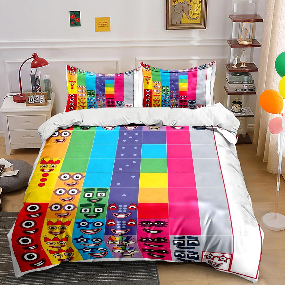 Fun Cartoon Number Building Blocks Printed Bedding Set 1Duvet Cover 2Pillowcases Boys Girls Children Luxury Gifts Multiple Sizes