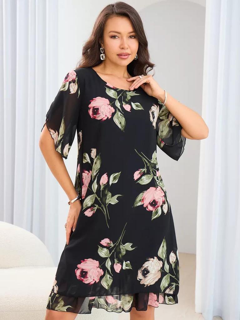 2026 Floral Short-sleeved Mid-length Dress for Women: European & American Style