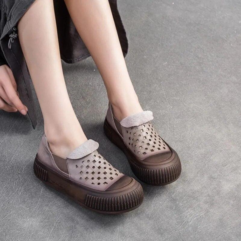 Johnature Simple Breathable Hollow-out Shoes Retro Genuine Leather Thick Sole Women's Flat Platform Shoes