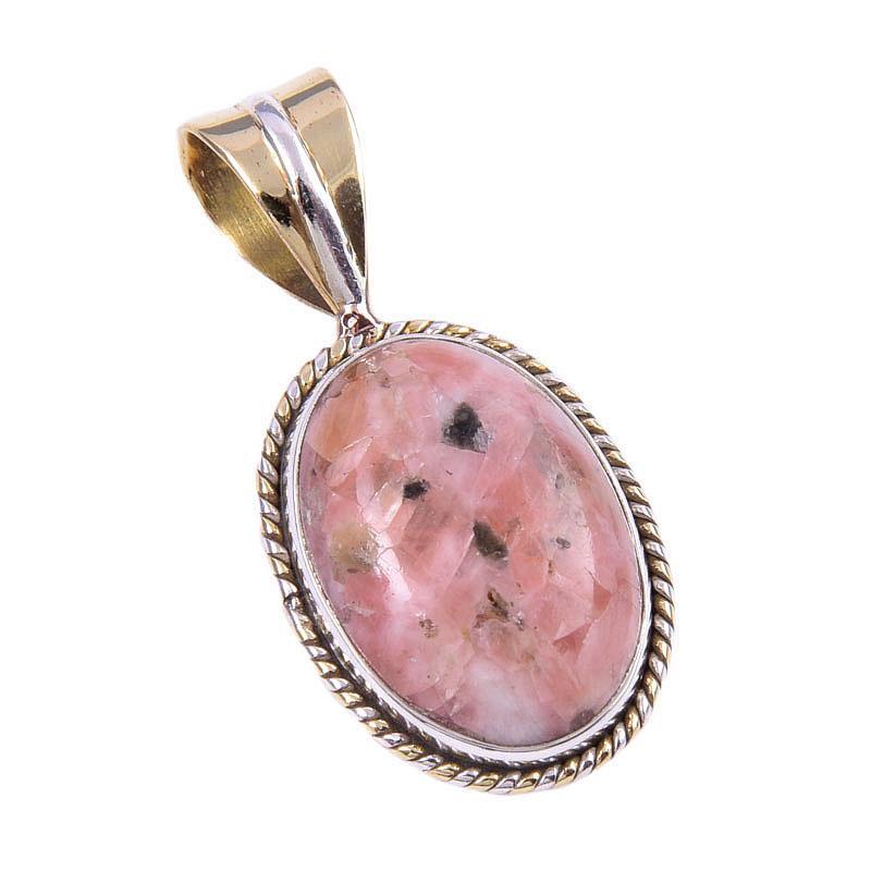 Natural Rhodonite Gemstone 925 Solid Sterling Silver Two Tone Pendant 1.25" K8E29