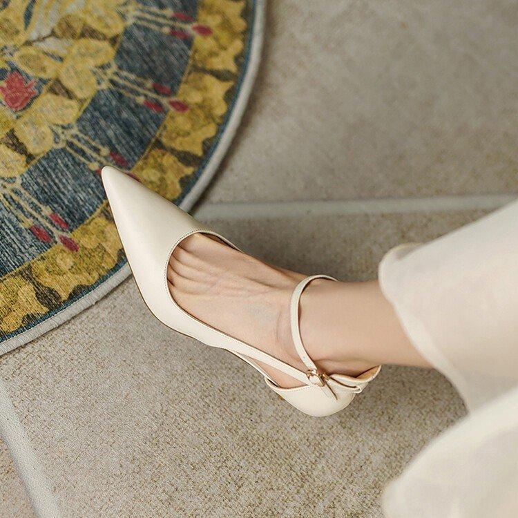 New Popular Women's Shoes Khaki Pointed Toe Thin Heel Strap High Heels Casual Flats Rubber Material