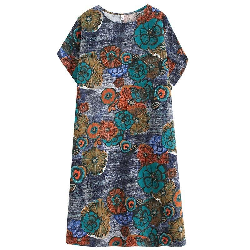 Letní květinový potisk Délka ke kolenům Bavlněné šaty Umění Retro Art Šaty s krátkým rukávem s krátkým rukávem