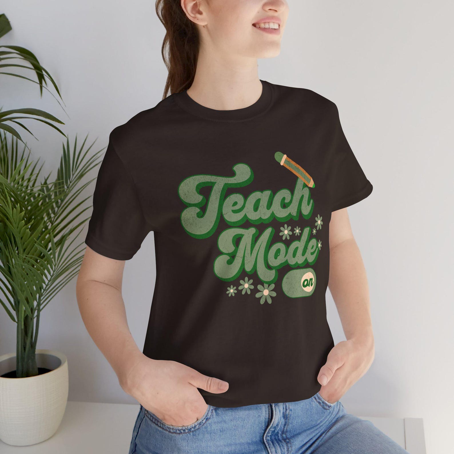 Teach Mode on T-Shirt | Teacher Pencil Graphic, Retro Green Typography XL